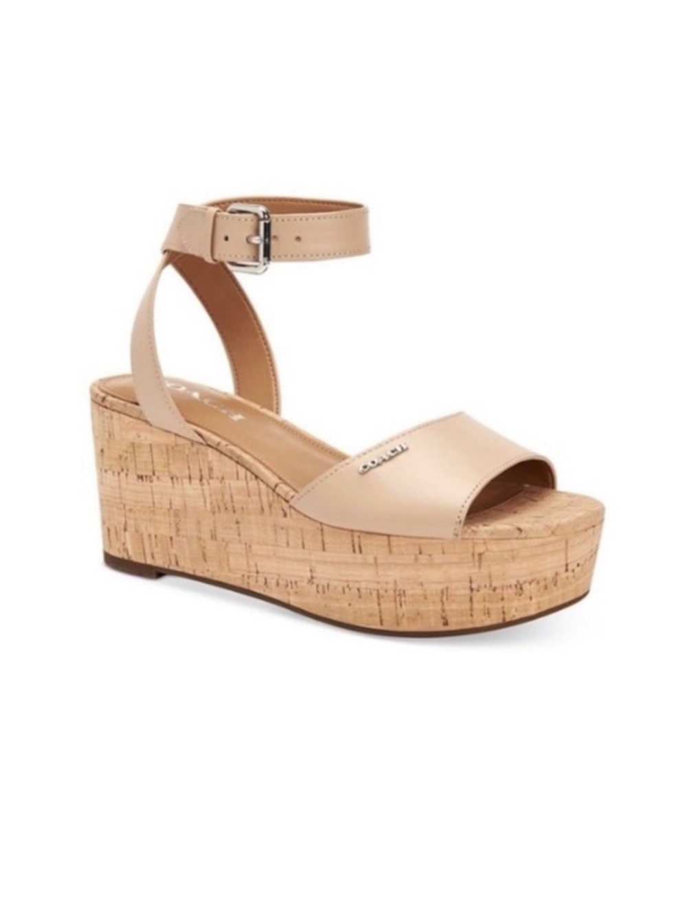 COACH Leather Ankle-Strap Cork Wedge Sandal - Nude